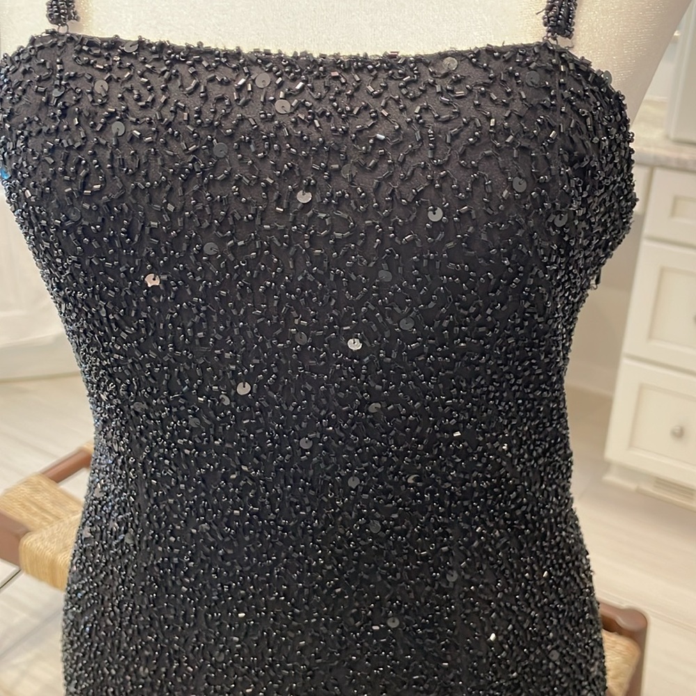White House Black Market Black Beaded 100% Silk Asymmetrical Cocktail Dress - Picture 4 of 11